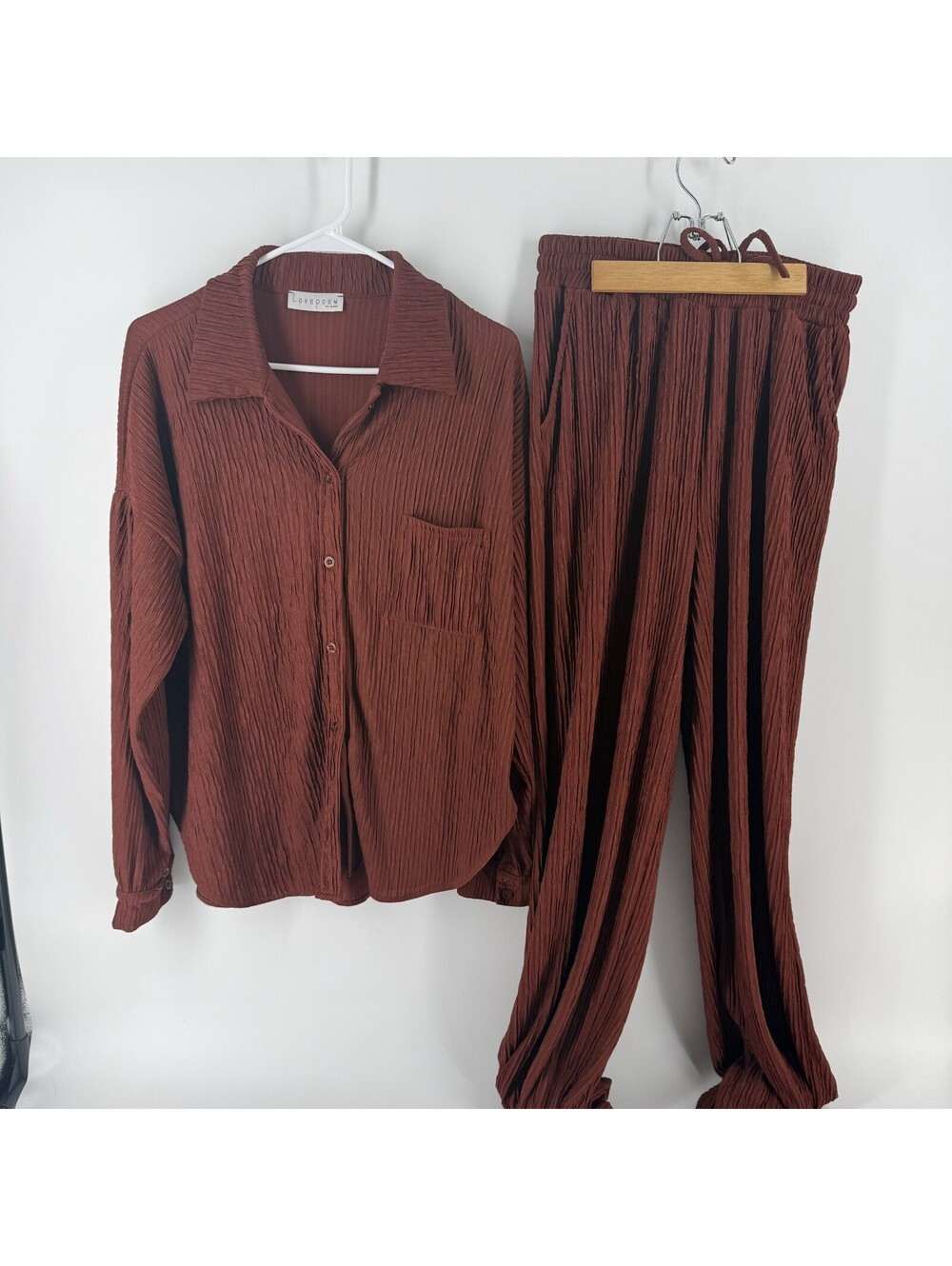 Love Poem Pleated Matching Set Rust Top Pants Co Ord Outfit Minimalist Stretch L